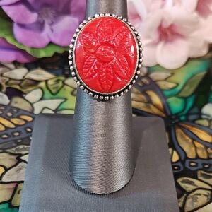 Red Coral Floral Carved Gemstone Ring - Size 6